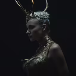 a woman in metallic clothing with horns on her head