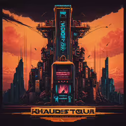 a sci - themed cityscape with a massive sign in front of it,futuristic art that uses an array of computer interfaces