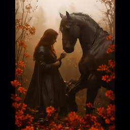 two women and a horse surrounded by red flowers