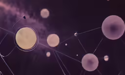 an array of orbs and lines in purple with a black background