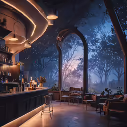 an open bar with dark colored lighting and a forest view