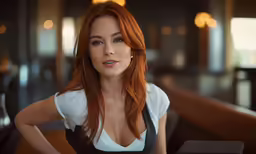 a woman with long red hair and a dress