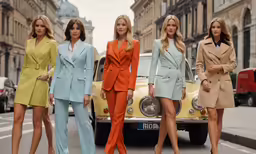 four women in suits and shoes standing on the sidewalk