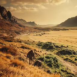 a person walking down a trail through the field