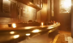 the interior of a bar with candles lit in the dimly lit room