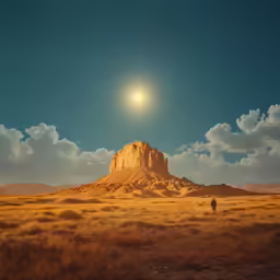 a big brown mountain in the desert under a full moon