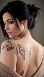 a woman with tattoos is holding onto her shoulder