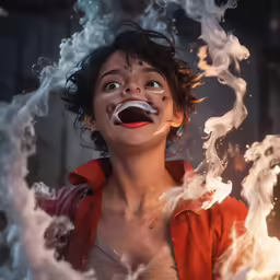 there is a woman that has a cigarette going up into her mouth