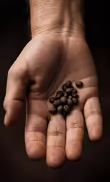hand holding coffee beans, on a dark background