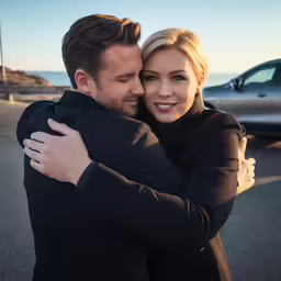 a man and woman hugging outside of a car