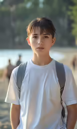 an attractive young man with short brown hair in front of a beach