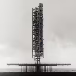 a very tall tower sitting on top of a dry grass field