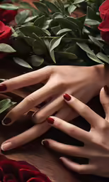 two hands with red and white fingernails over a bed of roses