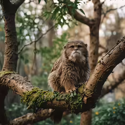 a fluffy monkey sitting in a tree surrounded by leaves