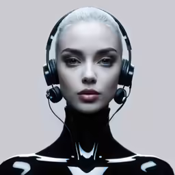 a beautiful lady with a black dress and headphones