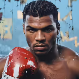 a close up of a professional boxer with his fist in a dirty ring
