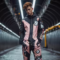 a man is standing in a tunnel wearing an all - black track suit