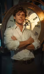 a man is standing in front of a clock