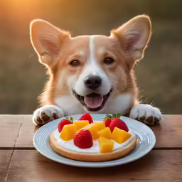 a dog is looking up at a plate of cheese