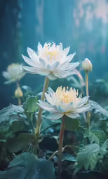 two flowers growing out of water among green leaves
