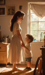 a woman in a white dress is holding hands with a boy
