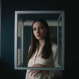 a woman looking at herself in a square mirror