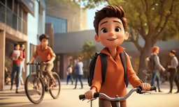 animated characters on bicycles and pedestrians in city