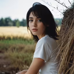 a young lady sitting against a pile of straw