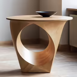a wooden table with circular design around it
