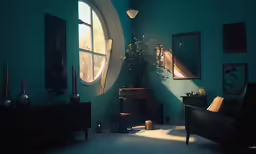 the sun is streaming in through the window onto the couch