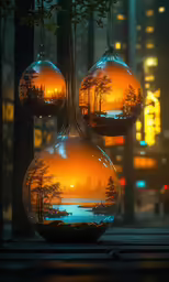 three glass ornaments that are on a window sill