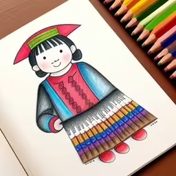 some colorful colored pencils and a drawing of a girl with an umbrella on her head,colored pencils and a book with a drawing of a girl holding a colorful pencil