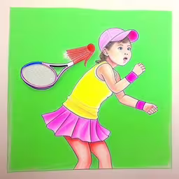 this drawing is of a girl with tennis racket and ball