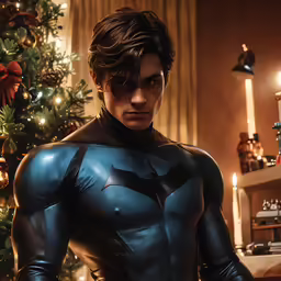 batman stands next to the christmas tree
