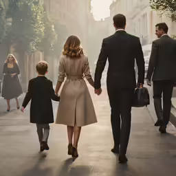 the family is walking down the street together