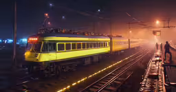 a yellow train on the tracks next to people,the train is on the tracks by the fog