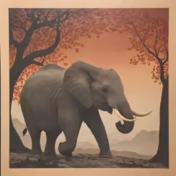 an elephant with tusks is standing on the rock near trees