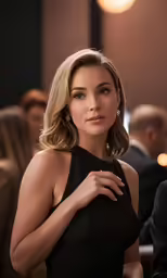 a woman is posing for a photo wearing a black dress