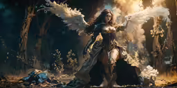 an angel in a costume that has fire and smoke coming out