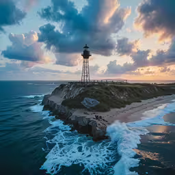 a beach with waves and lighthouse in the background