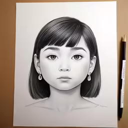 a girl is shown in black and white with a pencil