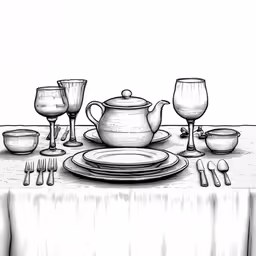 a table set with a plate, wine glasses and a teapot