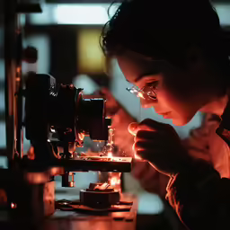 a girl looking into a microscope under burning flame