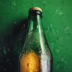 a bottle of soda with a green wall in the background