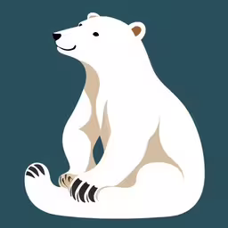 a white polar bear sitting down on a blue background,an abstract white polar bear sitting down,the white polar bear is sitting down and staring away,the bear is sitting on its hind legs,a polar bear sitting on his legs and looking around