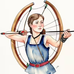a painting of a girl aiming at a target,a woman with an arrow and bow is pointing with two arrows