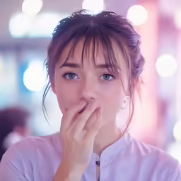 woman wearing a purple shirt is rubbing her mouth