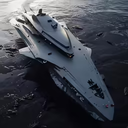 a large military ship floating next to each other on top of the water