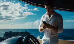 a man holding his phone while standing next to a motorcycle
