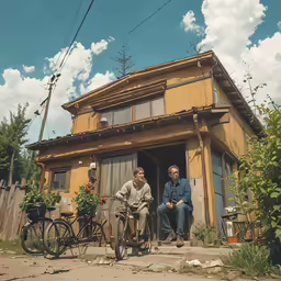 the men are sitting outside of a tiny house